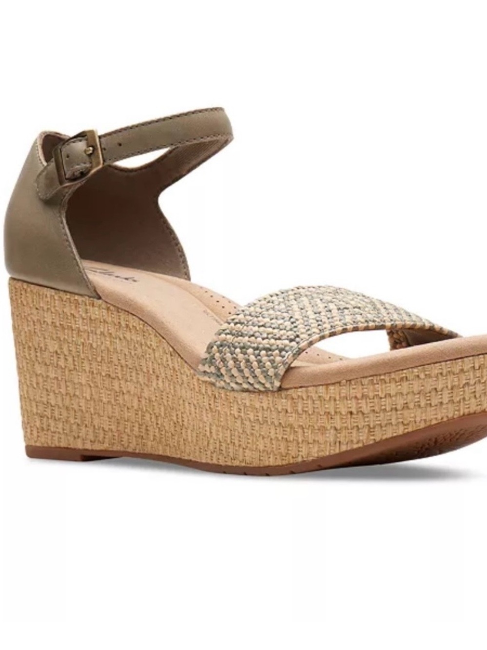 Clarks Rose Ease Olive and Natural Woven Wedge Sandal
